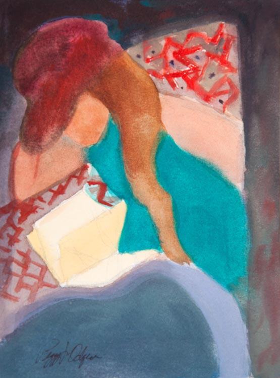 Bookworm Red by Peggy Odgers.  Watercolor on paper.